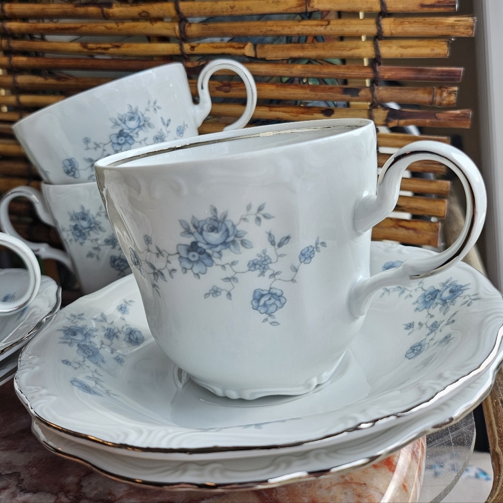 Johann Haviland Blue Garland Teacup and Saucer Set of 4